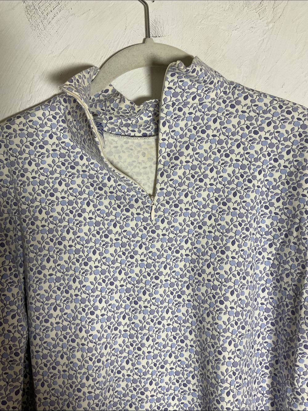 Vintage Leon Levin Micro Floral Mock Neck Zipper Top Size L Purple Off White - Picture 6 of 10